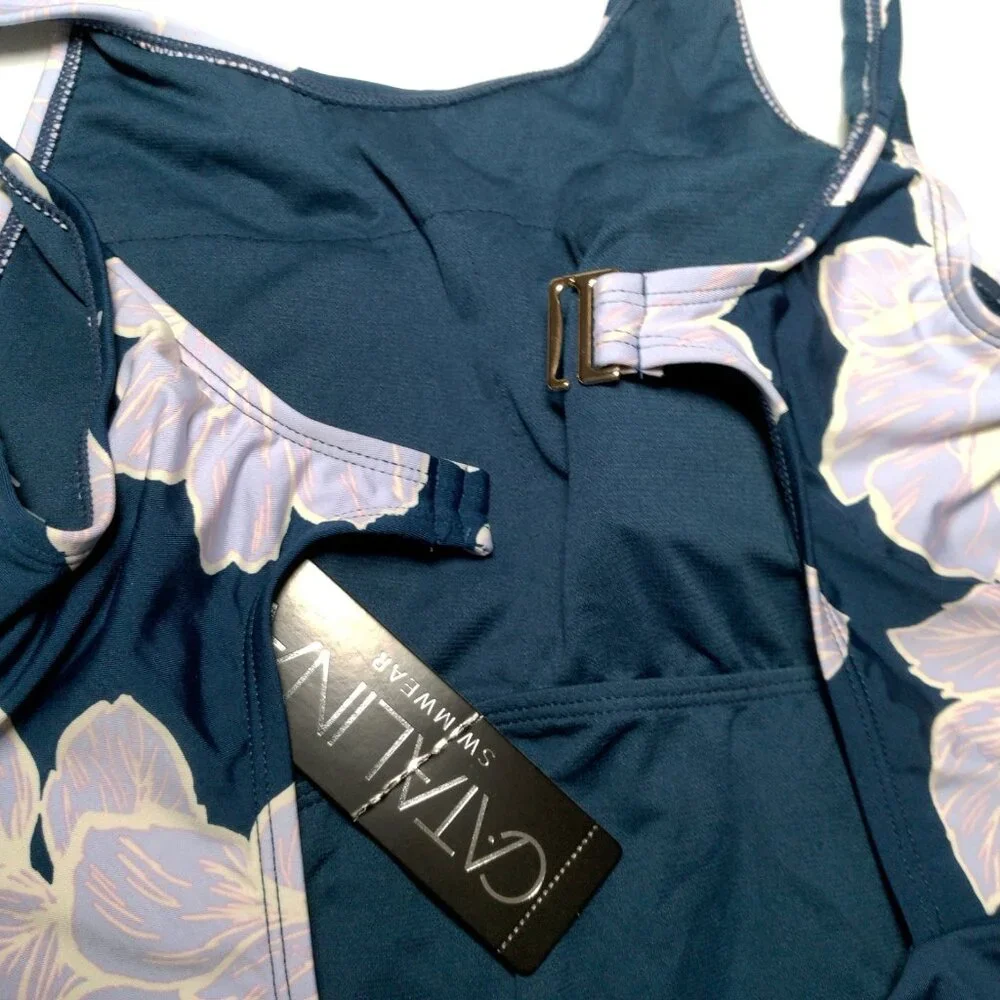 Catalina Swimwear Bathing Suit One Piece Medium Blue Purple Floral Tank Swim - Picture 8 of 16